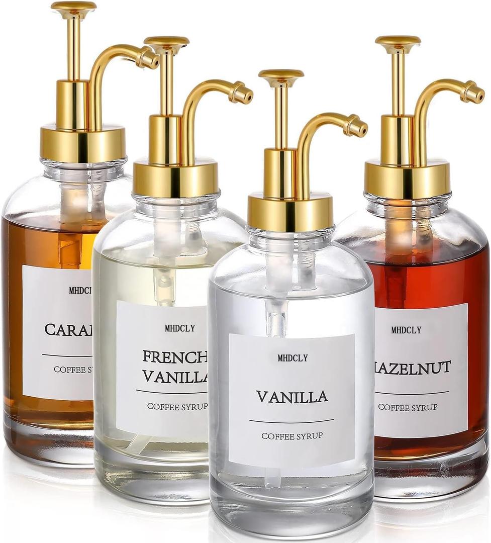 Coffee Bar Accessories, Coffee Syrup Dispenser - 4pack,16.9oz Syrup Dispenser with Labels, Syrup Pump Dispenser for Coffee Bar(Gold Pump)