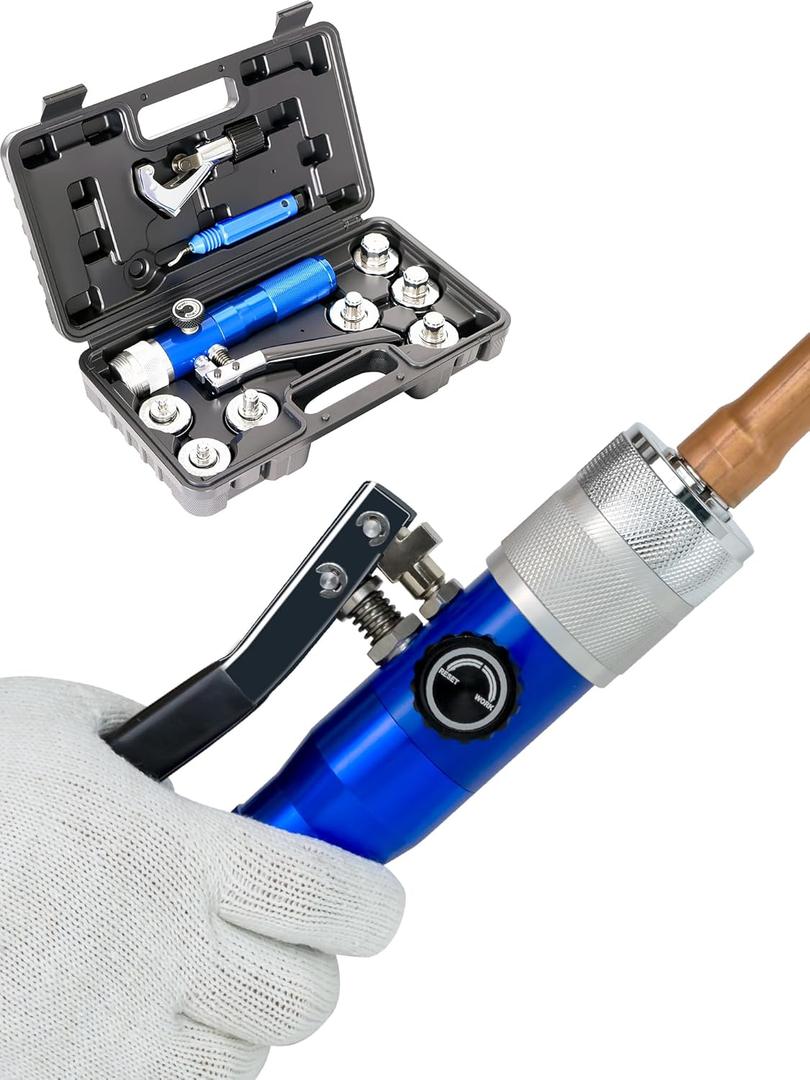 AMZCNC Hydraulic Tube Expander Compact Swaging Tool Kit with Tube Cutter, Deburring Tool and 7 Expander Heads for 3/8 to 1-1/8 Inches Copper Pipes HVAC Expander Tools (3/8~1-1/8)