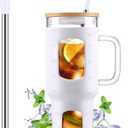 Glass Tumbler with Straw and Lid, 40 oz glass cup with handle, Glass Water Bottles with Time Marker, Silicone Protective Sleeve-White