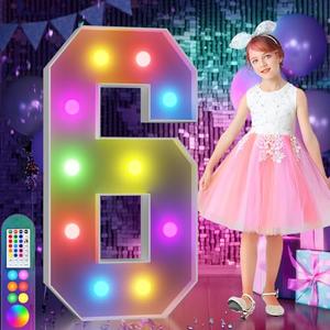 imprsv 4FT Colorful Marquee Numbers,18 Colors with Remote, Light Up Numbers 6 for 16th 60th Birthday Decorations Anniversary Party Decor, Pre-Cut Foam Board Kit, Mosaic Sign for Balloon