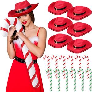 Xtinmee 12 Pcs Christmas Cowboy Hat 12 Pcs 35" Large Inflatable Candy Canes Santa Claus Cowgirl Hat Candy Canes Balloons Xmas Adults Unisex Xmas Cap for Christmas Costume Party Supplies Decorations