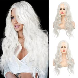 Sallcks Womens White Wig Long Curly Wavy Cosplay Middle Part Synthetic Heat Resistant Costumes Wig for Daily Party Halloween