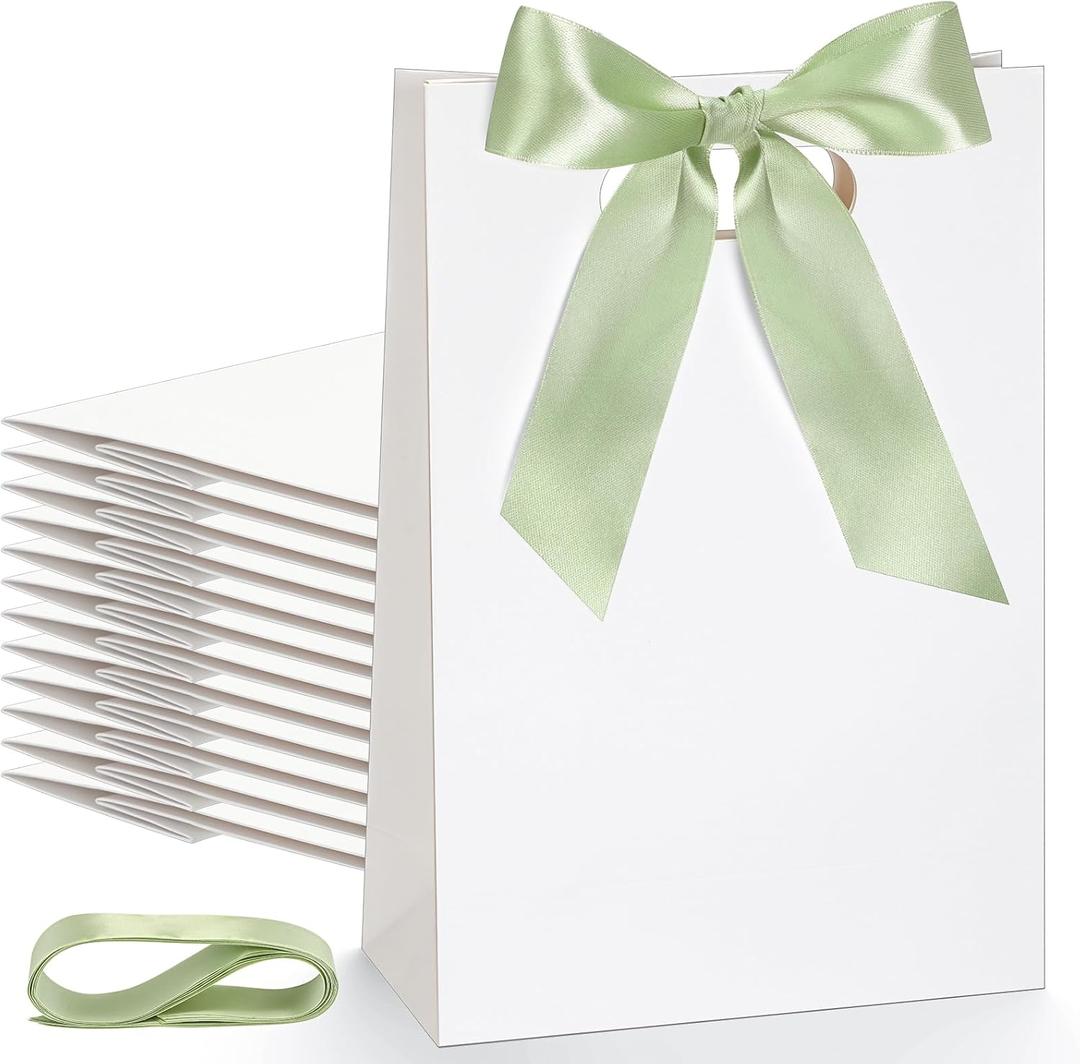 Aliceset 12 Pcs Small Thank You Bridesmaid Gift Bags 10 x 7 x 3.15'' with Die Cut Handles Compact Bags with Bow Ribbon for Wedding Baby Shower Birthday Party Favors(White,Sage Green)