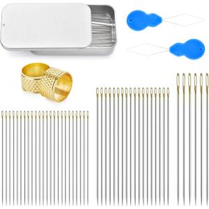 48 Pcs Sewing Needles, Small Eye Stainless Steel Needle with Threader and Thimble, Hand Sewing Supplies for Leather Cotton Fabric Denim, Small Eye Emergency Sewing Kit not Damaging The Leather
