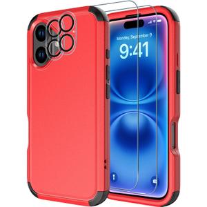 Diverbox for iPhone 16 Case [Shockproof] [Dropproof] [Tempered Glass Screen Protector + Camera Protectors] Heavy Duty Protection Phone Case Cover for Apple iPhone 16 (Red)