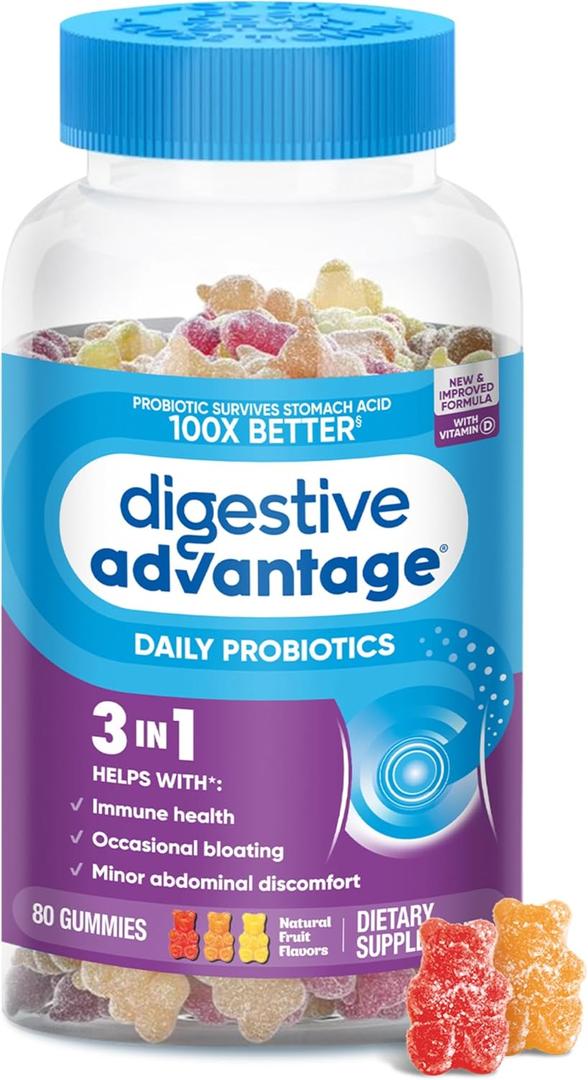 Digestive Advantage Probiotic Gummies For Digestive Health, Vitamin D, Daily Probiotics For Women &Men Occasional Bloating, Minor Abdominal Discomfort & Gut Health, 80ct Natural Fruit Flavors (EXP 05/05/26)