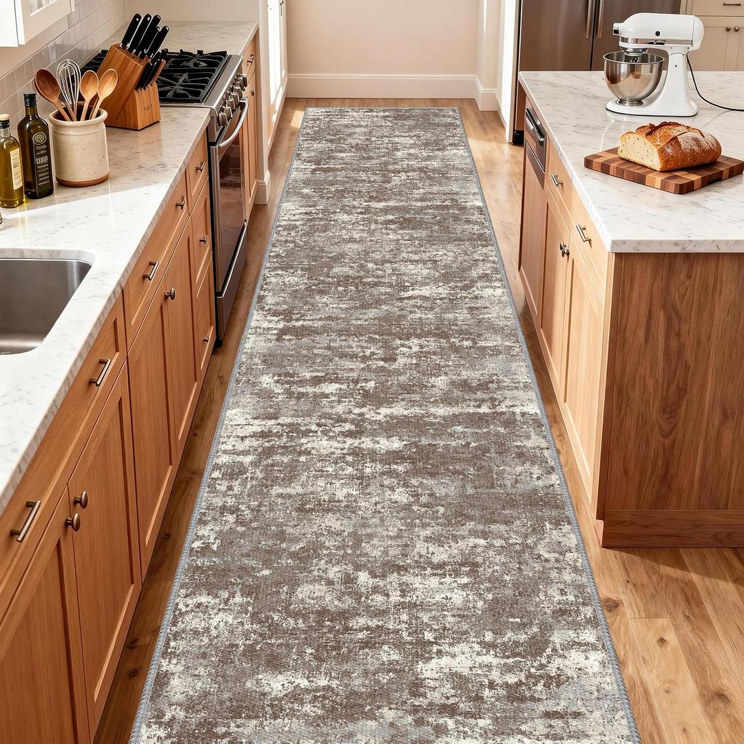 Hallway Runner Rug 3x10 Textured Non Slip Carpet Runner,Abstract Brown