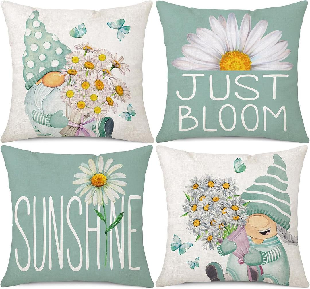 Light Blue Spring Summer Throw Pillow Covers 18 x 18 Set of 4 Daisy Floral Gnomes Sunshine Decorative Cushion Case for Sofa Couch Patio
