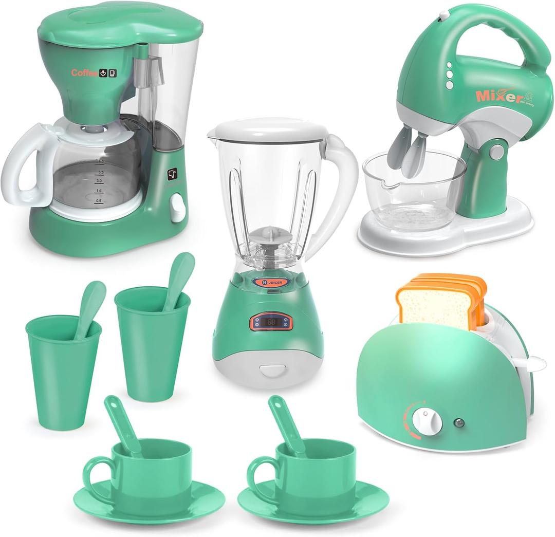 Play Kitchen Toys, Pretend Play Kitchen Appliances Toy Set with Coffee Maker, Mixer, Toaster with Realistic Lights& Sounds, Birthday Gift for Kids Ages 3-5 4-6 6-8 (Green)