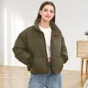 Womens Winter Cropped Puffer Jacket Coat Casual Quilted Baggy Long Sleeve Zip Down Jackets Outerwear (US, Alpha, Medium, Regular, Regular, Dark Green) (Green, M)