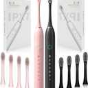 2 Pack Rechargeable Electric Toothbrushes for Adults and Kids, Whitening Tooth Brush with 8 Brush Heads, 6 Cleaning Modes and Smart Timer, Waterproof Cleaning Toothbrushes Set (Black & Pink)
