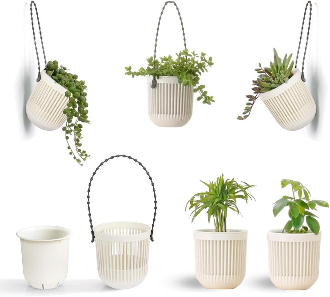 Melphoe 3.5 Two-Piece Succulent Planters Pots with Drainage, Flexible Removable Handle, Flower Pots for Mini Plants, Small Hanging Planter for Wall, Window, 6 PCAK, White