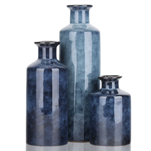 Blue Ceramic Vase Set - 3 Blue Small Vases, Farmhouse Country Flower Vase Home Decor, Living Room Decoration, Table Decoration, Fireplace Decor, and Entrance Decorations Centerpieces