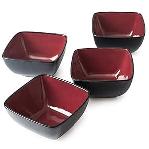 AmorArc 32oz Square Cereal Soup Bowls, Stoneware Bowls Set of 4 for Kitchen, Large Bowls for Cereal, Soup, Salad, Meal, Microwave & Dishwasher Safe-Red Inside