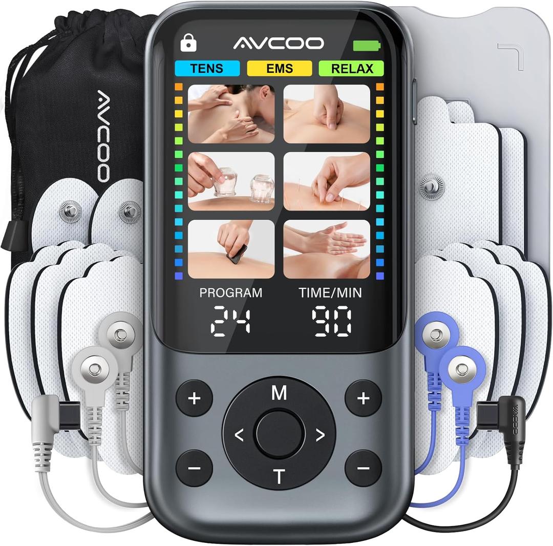 AVCOO 3-in-1 TENS Unit Muscle Stimulator with 24 Modes, 30 Intensities EMS Massage Machine for Shoulder, Back Pain Relief Therapy, Dual-Channel Electronic Pulse Massager with Type-C Port, 10 Pads