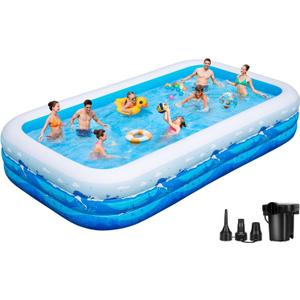 Large Inflatable Pool with Pump, 130"x72"x22" Full-Sized Blow Up Pool with 0.6mm PVC & Cute Animal Print, Big Family Swimming Pool for Backyard Outdoor Summer Water Party (Blue)