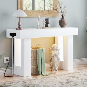 Unikito 47" Entryway Table with Socket and Sensor Light, Narrow Console Table with Storage Behind Couch, Farmhouse Entry Way Tables with Open Storage for Entrance/Hallway/Living Room, White