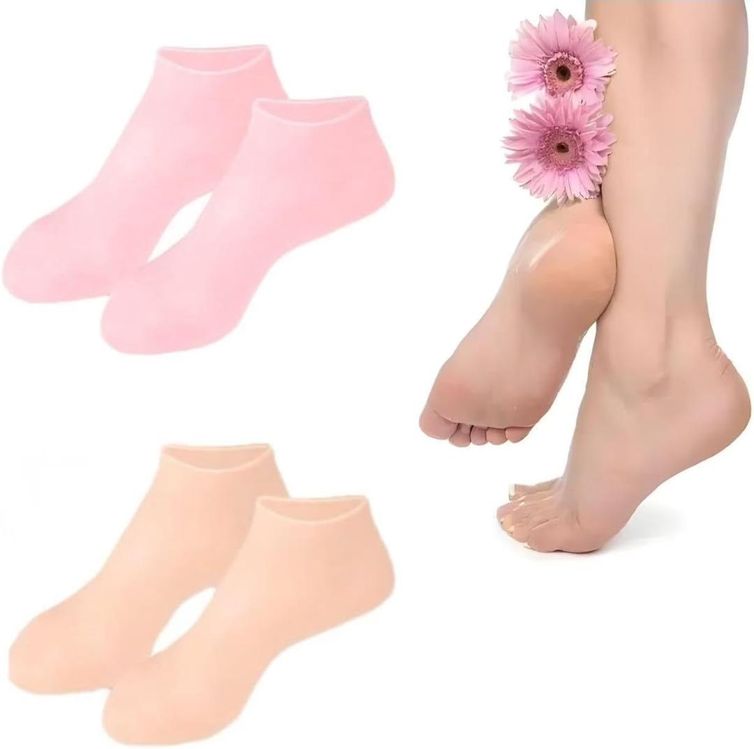 2 Pairs Silicone Socks for Dry Cracked Feet Women,Silicones Moisturizing Socks,Foot Spa Pedicure Silicone Socks for Repairing Dry Feet,Cracked Heels and Softening Rough Skin(Fits Size 8 to 11) (Pink & Beige)