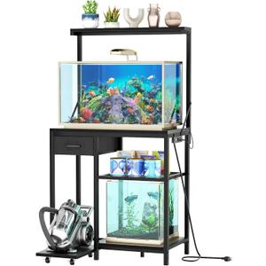 20-29 Gallon Fish Tank Stand with Power Outlet & Storage Drawer,4-Tier Metal Aquarium Stand with Adjustable Storage Shelves,400LBS Capacity Reptile Tank Stand for Home Office,Black