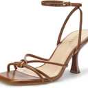 PARTY Women's Square Open Toe Strappy Heeled Sandals 3 inch Stiletto Kitten Heel with Ankle Buckle Strap, Comfortable Slingback Summer Dress Shoes (7.5, Brown Pu)
