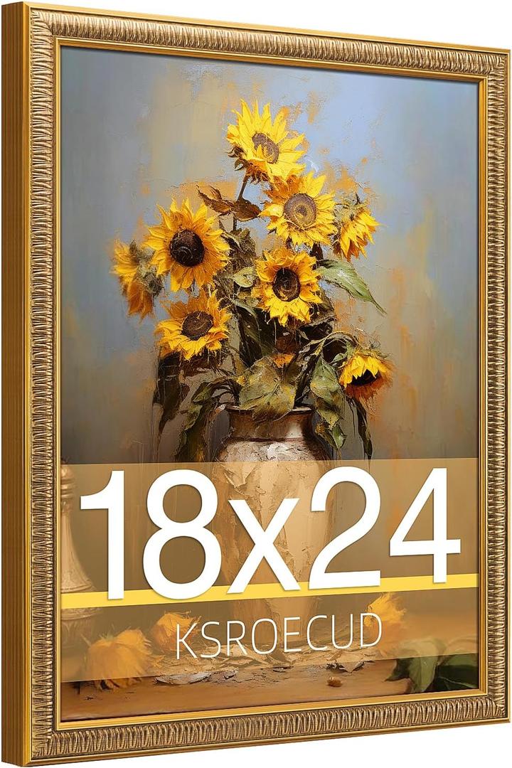 18x24 Picture Frame, HD Real Glass 18x24 Vintage Photo Frame, 18 by 24 Poster Frame with Gold Border Horizontal & Vertical Display for Tabletop or Wall Decor (1 Pack)