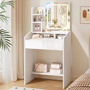 LIVELYGLOW Small Makeup Vanity Desk with Lighted Mirror, White, 23.62" W x 15.74" D x 53.93" H (Smart LED Mirror, Open Shelves, 2 Drawers)