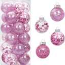 AMS 24ct Clear Christmas Ball Ornaments, 2.76''/70mm Shatterproof Hanging Xmas Balls Baubles Set for Christmas Tree with Stuffed Delicate Decorations for Wedding Christmas (Pink)