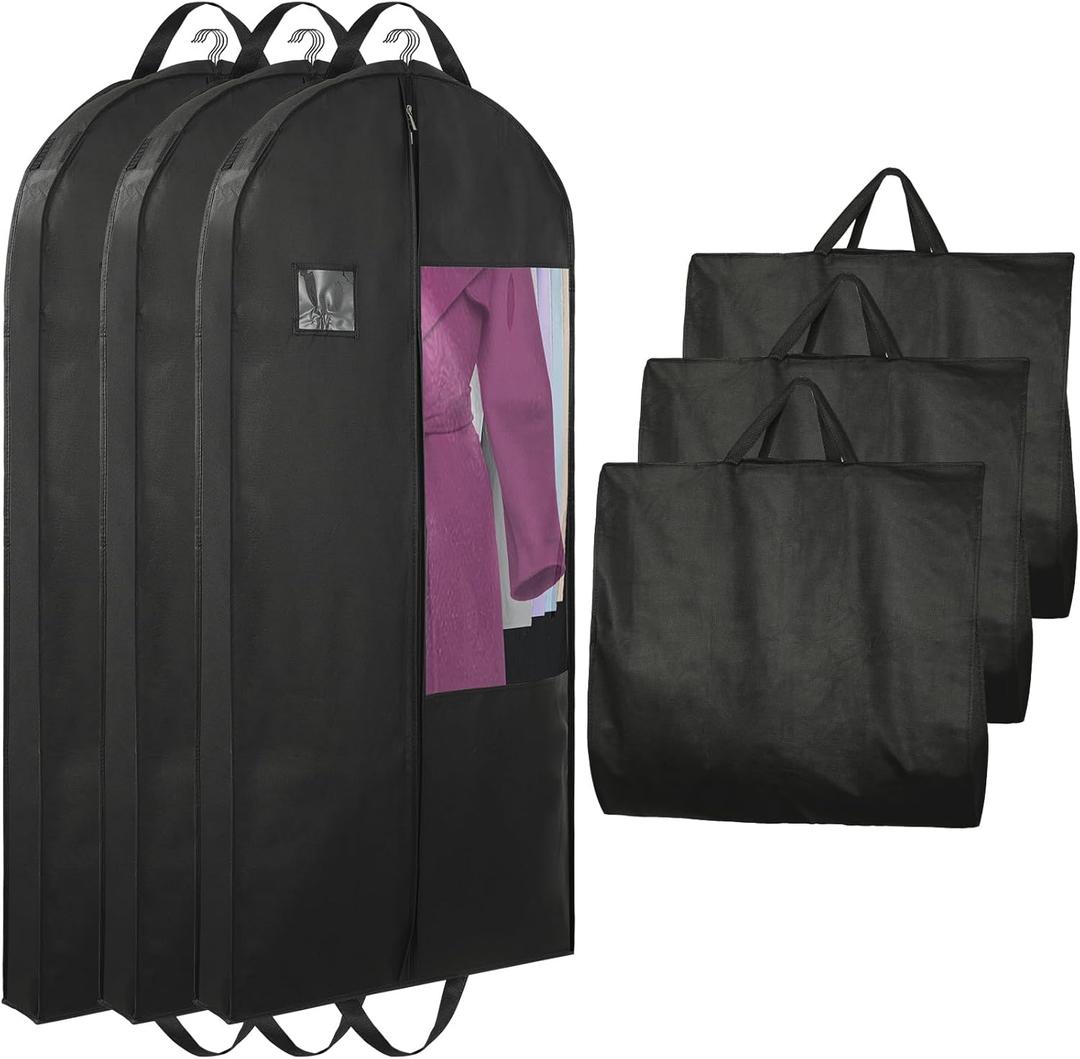 Garment Bags for Hanging Clothes and Travel with 4" Gusseted, Suit Cover for Clothes,Coats,Suit,Jackets,Dress,Shirts,Skirt. (Black-50"-3pcs-Double zipper-Thickened 80G Non-woven Fabric)
