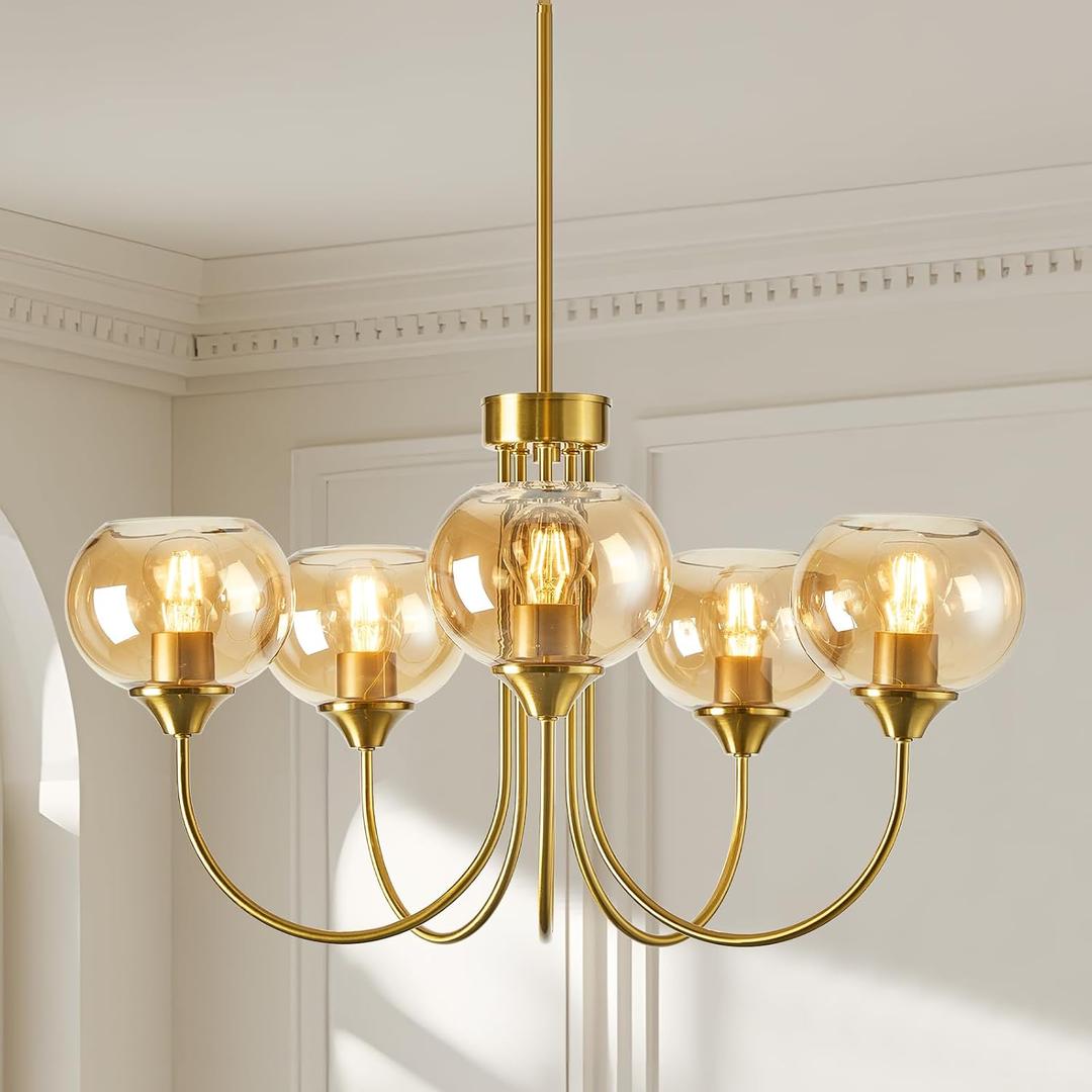 Mid Century Modern Globe Chandelier 5 Light Amber Glass Vintage Sputnik Chandeliers Gold Pendant Light Fixtures for Dining Room Kitchen Living Room Bedroom, Rod