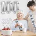 100th Birthday Decorations for Women Silver with 100th Birthday Sash and Tiara, Cake Topper and Candles, Silver Number Balloons, 100 Year Old Gifts for Women