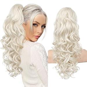 REECHO Ponytail Extension, 20” Claw Clip Ponytail Extension Curly Clip in Ponytail Long Pony Tails Hair Extensions for Women Fluffy Natural Looking Synthetic Hairpiece, Platinum Blonde