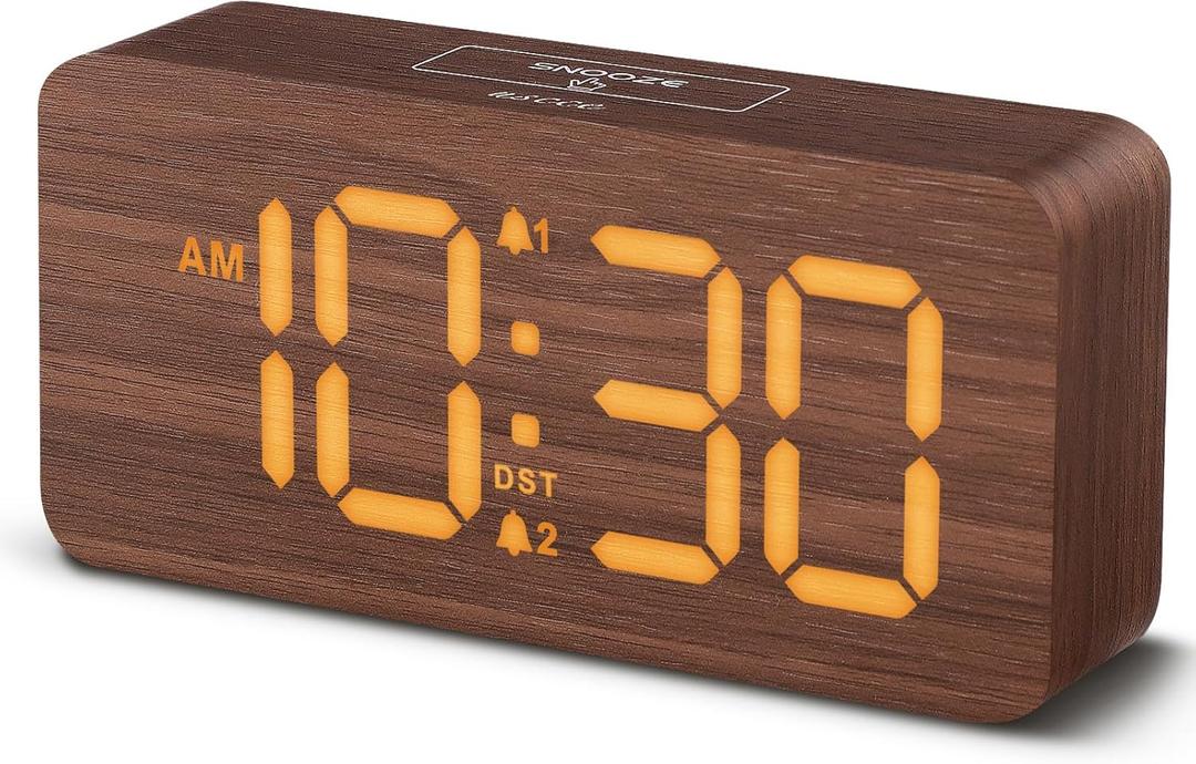 Uscce Wooden Digital Alarm Clocks for Bedrooms: Dimmable Dual Alarm Clock with Large Numbers for Bedside Desk - Loud Alarm for Heavy Sleepers with Volume Control - Wood Decor & Gifts (Brown - Amber Digits (Plug-in))