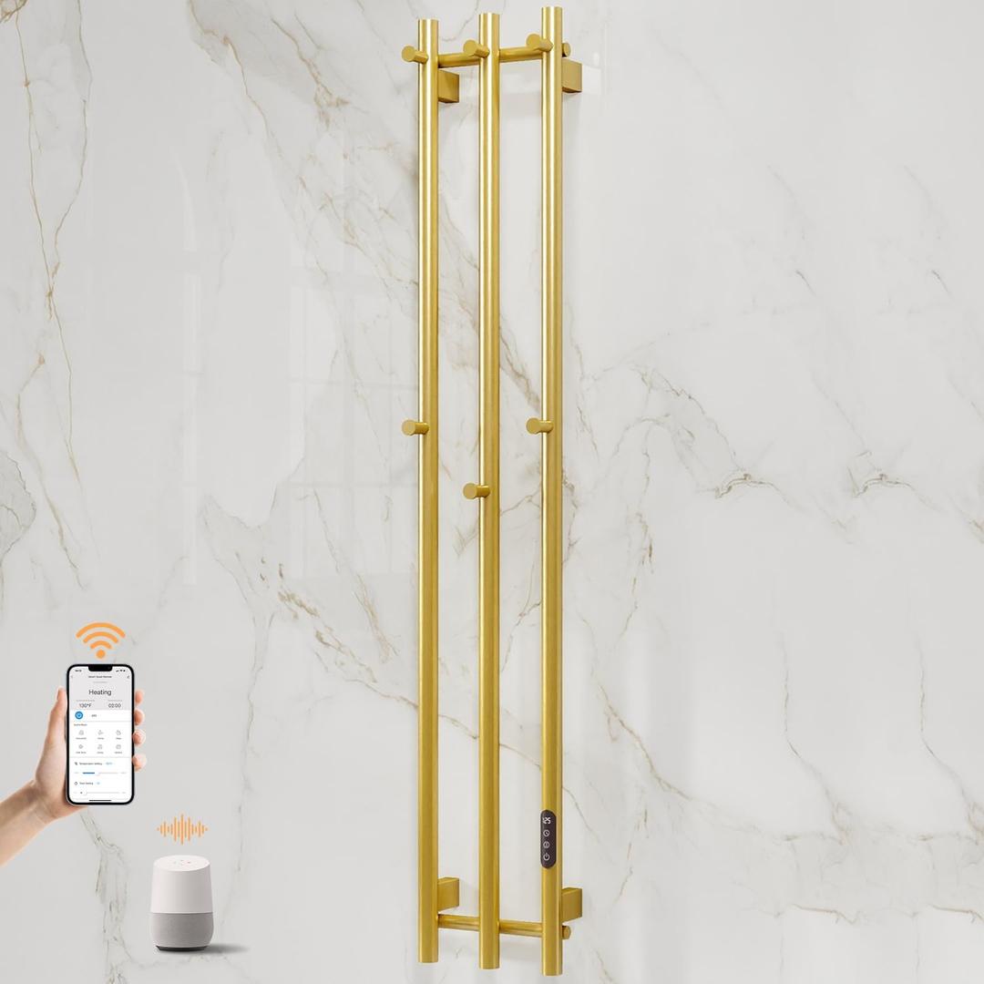 ENZE Smart Heated Towel Rack, Wall Mounted Electric Towel Warmer 220W for Bathroom, WiFi App Control, LED Touch Screen, Adjustable Temperature, 24H Timer, Vertical Model, IPX5, Plug-in/Hardwired, Gold