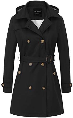 CREATMO US Women's Hooded Pea Coat Trench Jacket Trench Coats with Belt Black 2XL