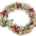 9ft Pre-lit Flocked Christmas Garland with Red Balls, Berries and and 50 Battery Operated Soft White LED Lights with Timer,Artificial Holiday Decoration Door Outdoor, Battery Operated