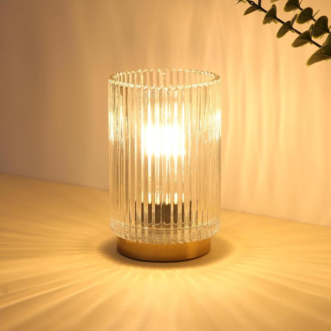 Battery Operated Lamp, Cordless Table Lamp with Timer, Desk Bedside Lamps with LED Warm Light, Glass Small Table Lamp for Bedroom, Bathroom, Living Room, Home Decor - Transparent