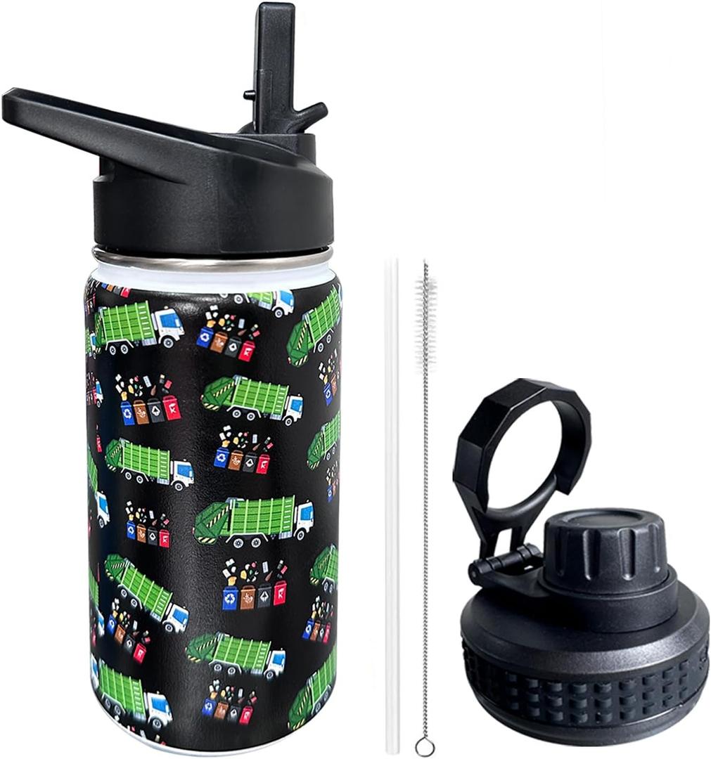Garbage Truck Trash Recycling Kids Water Bottle for School with Straw Lid,12oz Stainless Steel Insulated Water Bottle for Boys & Girls,Leak Proof Lid with Handle & Touch Free Spout (A03)