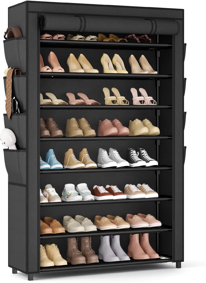 Shoe Rack with Cover, 8 Tier Tall Shoe Organizer Storage for 36-45 Pair Shoes and Boots Large Shoe Storage Shelf Free Standing Shoe Rack for Closet, Front Door Entrance, Dorm, Garage (Black)