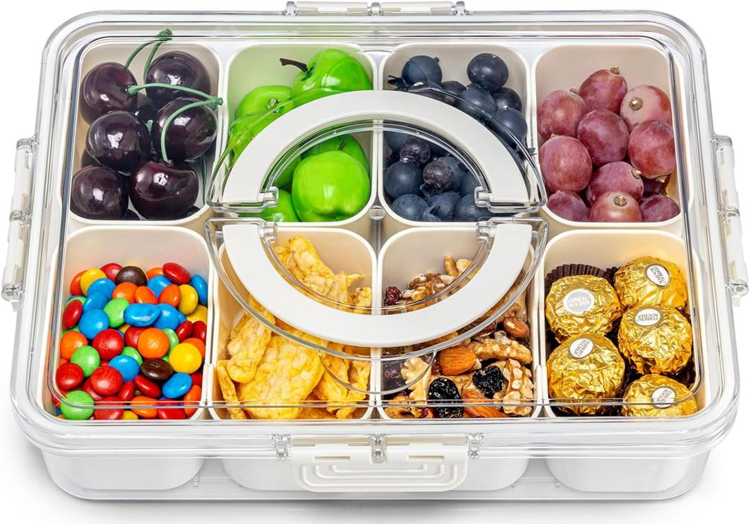 Air-Tight Snackle Box Container Divided Serving Tray with Lid & HandleClear Snack box for Fruits, Candy & NutsPortable for Travel & Daily Use (8 Inside Containers Dishwasher Safe)