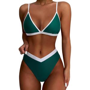 SUUKSESS Women Triangle High Cut Bikini Sets Sexy High Waisted 2 Piece Swimsuit (Medium, 57 Green White)