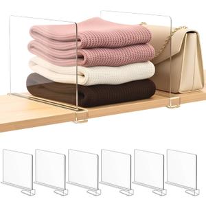 SortNStore Shelf Dividers Purse Organizer for Closet: 6-Pack Acrylic Bag Storage Organizer for Handbags, Clutches, Clothes, Sweater, Towel on Wood Shelves (Standard: 8" Tall X 12" Deep)