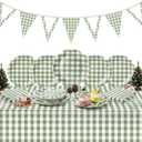 LemonRoad 102 Pcs Gingham Sage Green Party Supplies Set Disposable Checkered Paper Plates Napkins Forks Tablecloth Banner for Birthday Party Dinner Picnic Pizza Barbecue Wedding Mother's Day, Serve 25