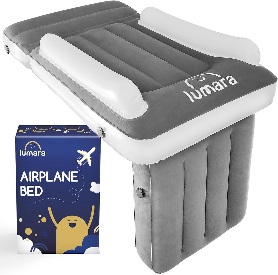LUMARA Toddler Airplane Bed - Inflatable Airplane Bed for Toddlers, Plane Baby Mattress for Kids - Blow Up Air Mattress for Child Flight Sleep with Safety Belt, Innovative Valves, No Pump Needed (Grey)