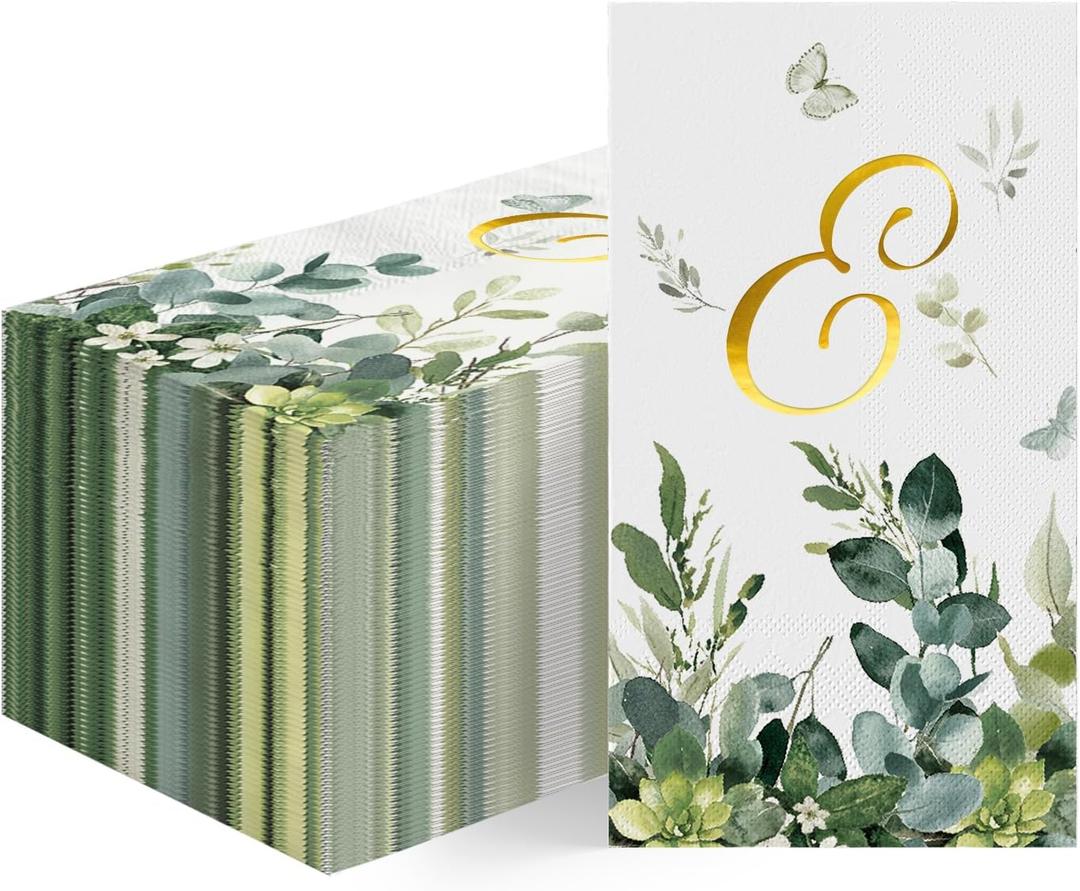 Horaldaily 100 Spring Disposable Paper Decorative Guest Napkins, Watercolor Eucalyptus Monogram Gold Foil Letter E for Party Bathroom Wedding Birthday Baby Shower