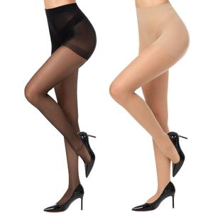 2 Pairs Black Sheer Tights for Women 15D Not Rip Control Top Pantyhose High Waist With Reinforced Toes (X-Large)