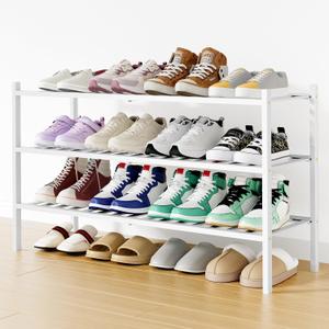 Smiry Shoe Rack, 3 Tier Long Bamboo Shoe Organizer, Stackable Free Standing Wooden Shoe Storage Shelf for Closet, Entryway, Front Door Entrance, White