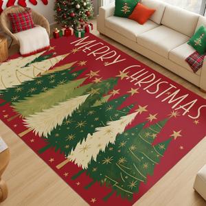 Breling Christmas Area Rug 4x6 Washable Rugs for Living Room Merry Christmas Print Indoor Carpet Non Slip Soft Low Pile Holiday Decor Carpet for Bedroom Kitchen Office Dining Room Decor