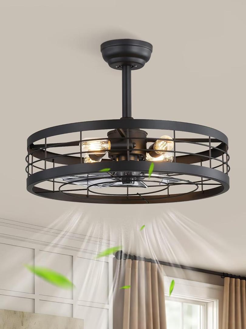 LEDIARY 22 inch Black Caged Ceiling Fan with Light, Bladeless Industrial Ceiling Fan with Remote, Farmhouse Fan Lights Ceiling Fixtures for Kitchen, Bedroom, Outdoor6 Speed, Timing-Black