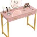 WESTREE Vanity Desk with 2 Drawers and Storage Shelf, Modern Makeup Table with Glossy Desktop, Gold Metal Frame Writing Desk for Bedroom or Home Office, No Mirror (40 Inch, Pink)