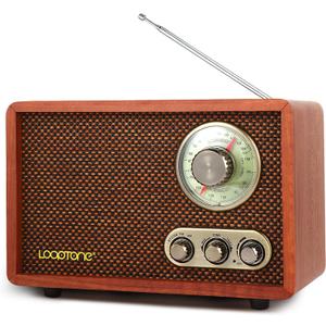 LoopTone USB SD Multifunction AM FM Vintage Radio with Bluetooth Speaker,Retro Wood Table Radio for Kitchen Living Room with Rotary Knob Brown